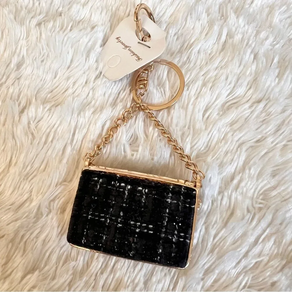 Elegant Black and Gold Plaid Bag Keychain Bag Charm NEW